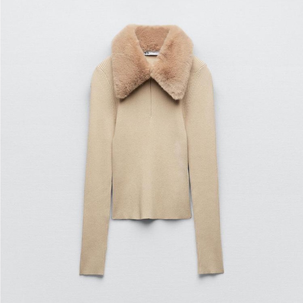 Zara Fur Lapel Knit Sweater NWOT Size S
